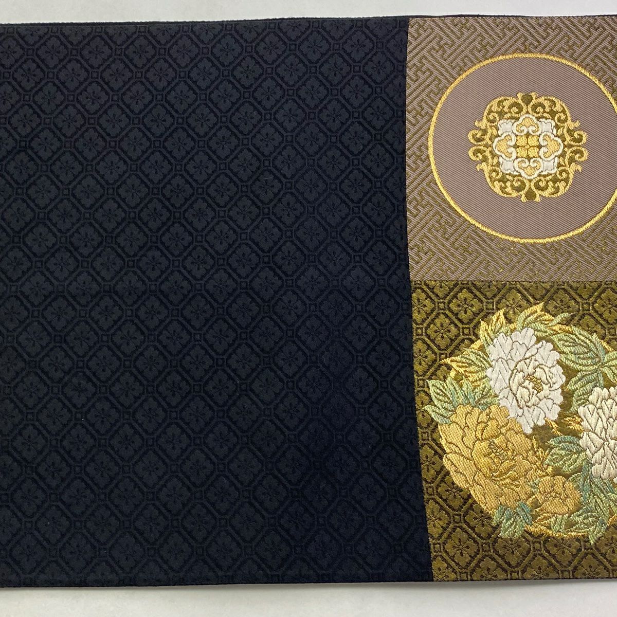 【美品】 袋帶 名品級 じゅらく 落款あり 花丸紋 華紋 金絲 金金箔 金色 大鼓圖案 純蠶絲