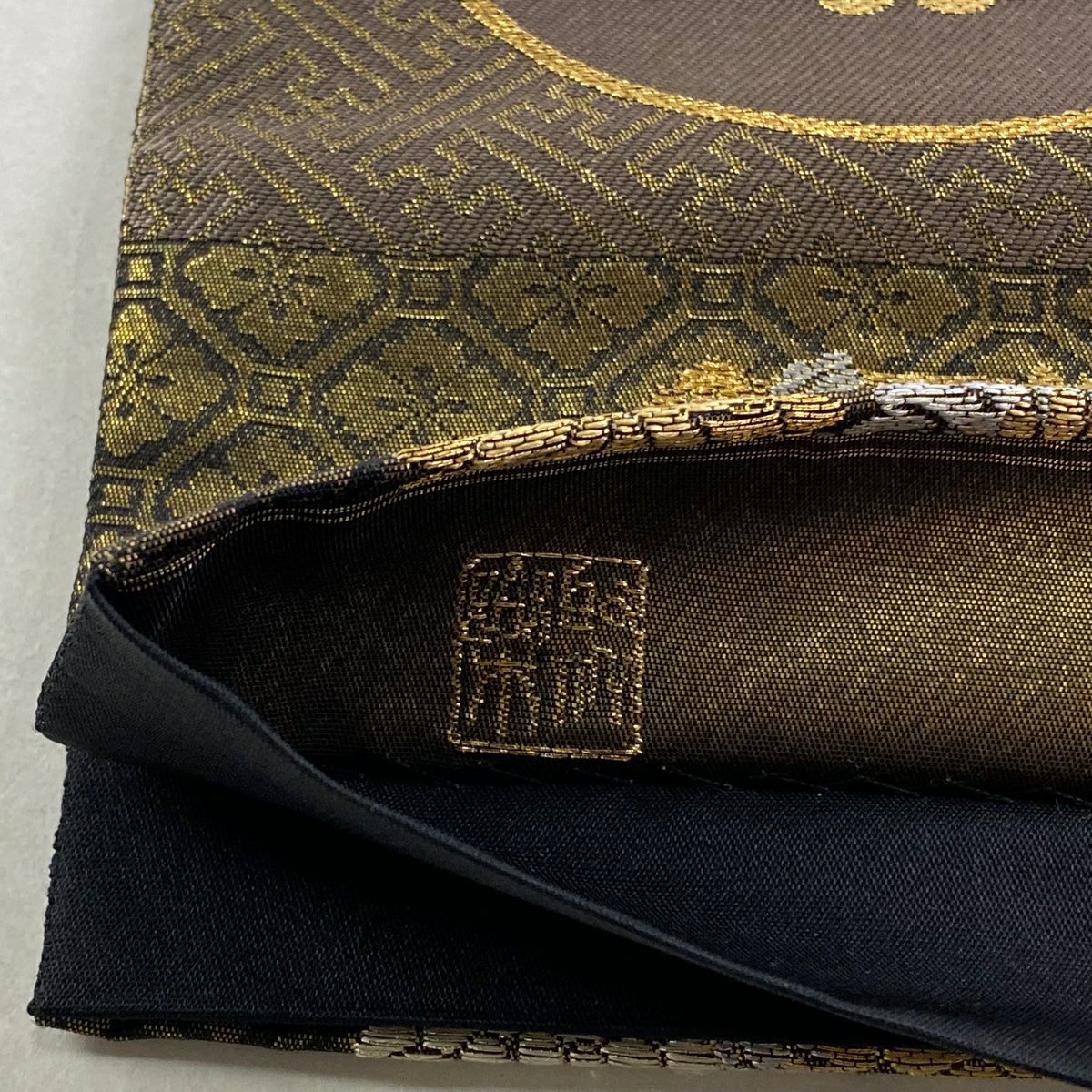 【美品】 袋帶 名品級 じゅらく 落款あり 花丸紋 華紋 金絲 金金箔 金色 大鼓圖案 純蠶絲