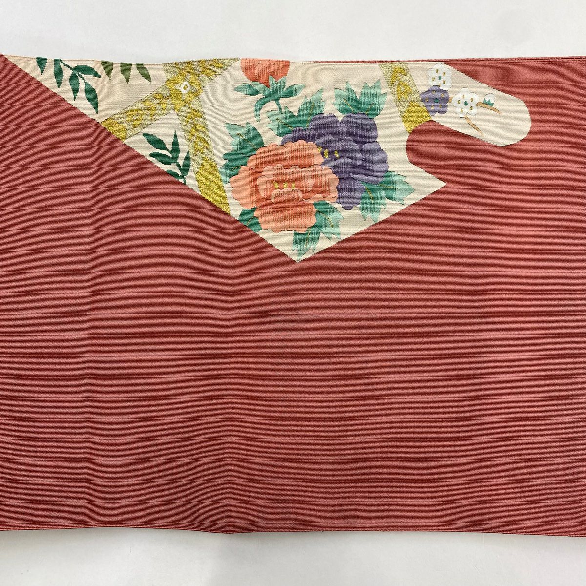 【美品】 名古屋帶 名品級 八寸名古屋帶 松樹葉裁縫 菊花 枝梅花 金糸 明綴織 粉米色 純蠶絲