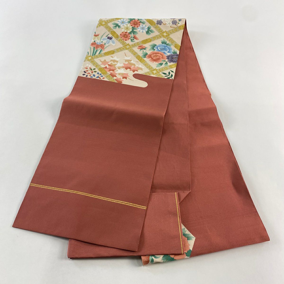 【美品】 名古屋帶 名品級 八寸名古屋帶 松樹葉裁縫 菊花 枝梅花 金糸 明綴織 粉米色 純蠶絲