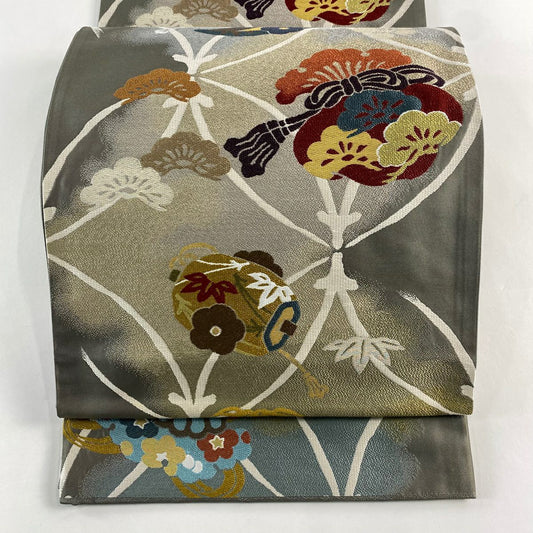 袋帶 名品級 喪事用 色喪帶 關西仕立 松樹竹子梅花 寶盡 金絲 灰綠 六通 純蠶絲