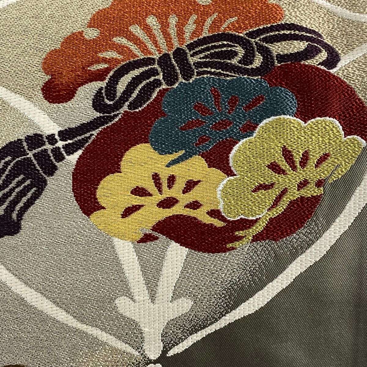 袋帶 名品級 喪事用 色喪帶 關西仕立 松樹竹子梅花 寶盡 金絲 灰綠 六通 純蠶絲