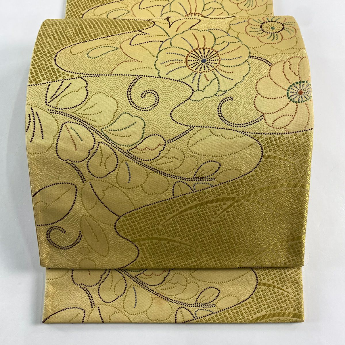袋帶 名品級 辻花染 霞 刺繡 米色 六通 純蠶絲