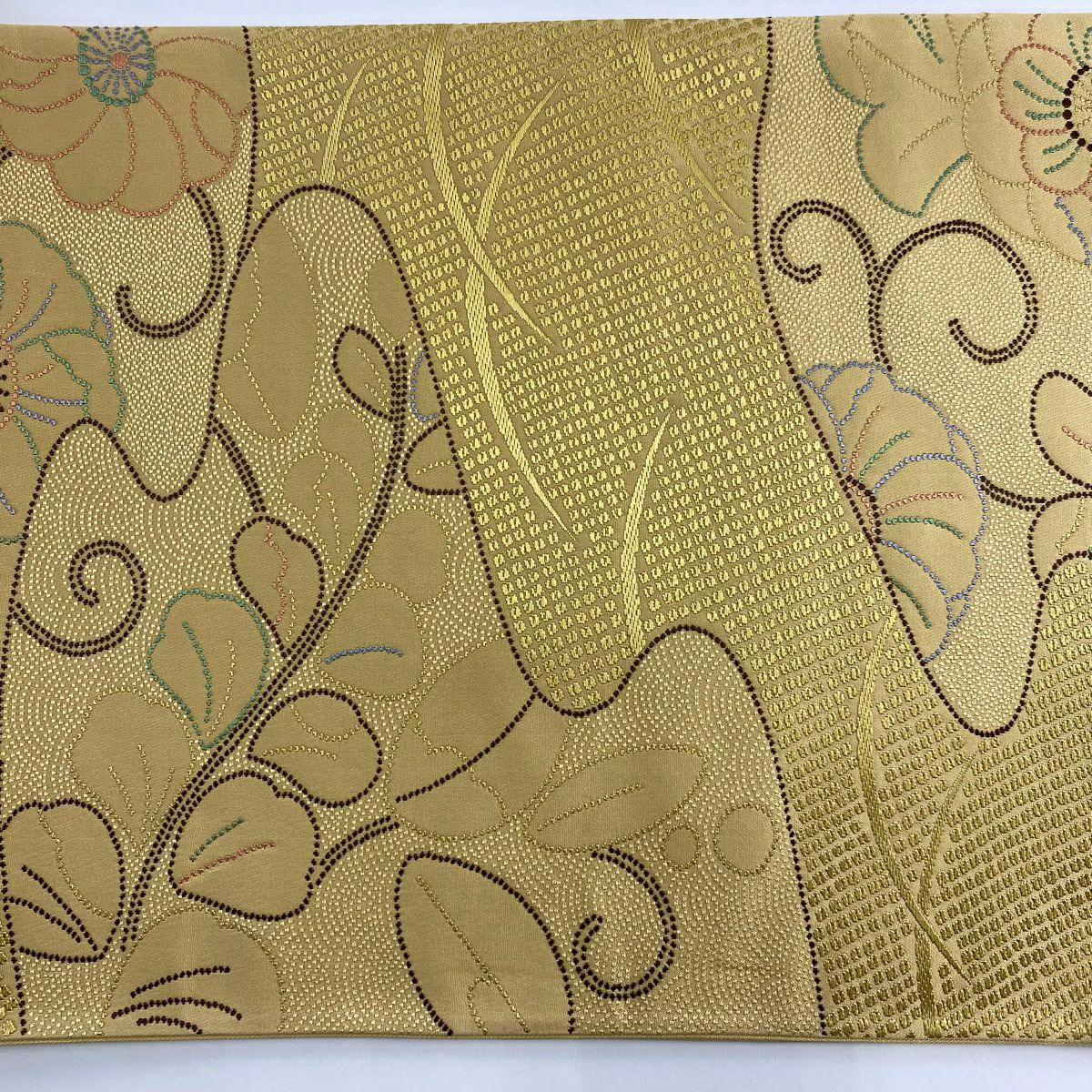 袋帶 名品級 辻花染 霞 刺繡 米色 六通 純蠶絲