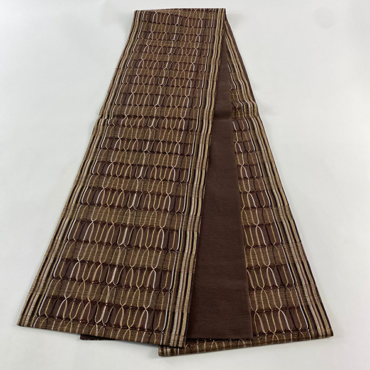 【美品】 袋帶 名品級 幾何圖案 金絲 焦茶 全通 純蠶絲