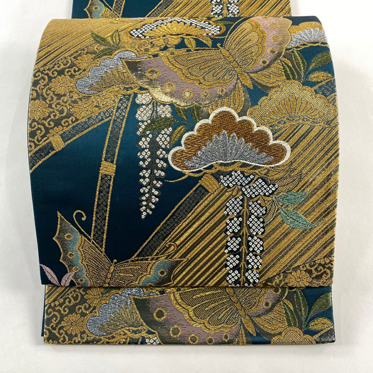 【美品】 袋帶 名品級 證書齊全 振袖禮服適用 蝶 松樹 金銀線 金金箔 深綠 六通 純蠶絲