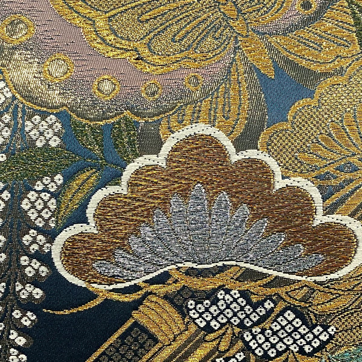 【美品】 袋帶 名品級 證書齊全 振袖禮服適用 蝶 松樹 金銀線 金金箔 深綠 六通 純蠶絲