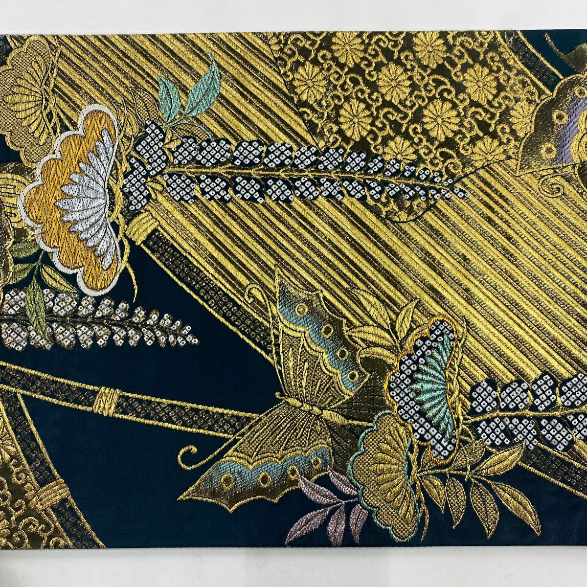 【美品】 袋帶 名品級 證書齊全 振袖禮服適用 蝶 松樹 金銀線 金金箔 深綠 六通 純蠶絲