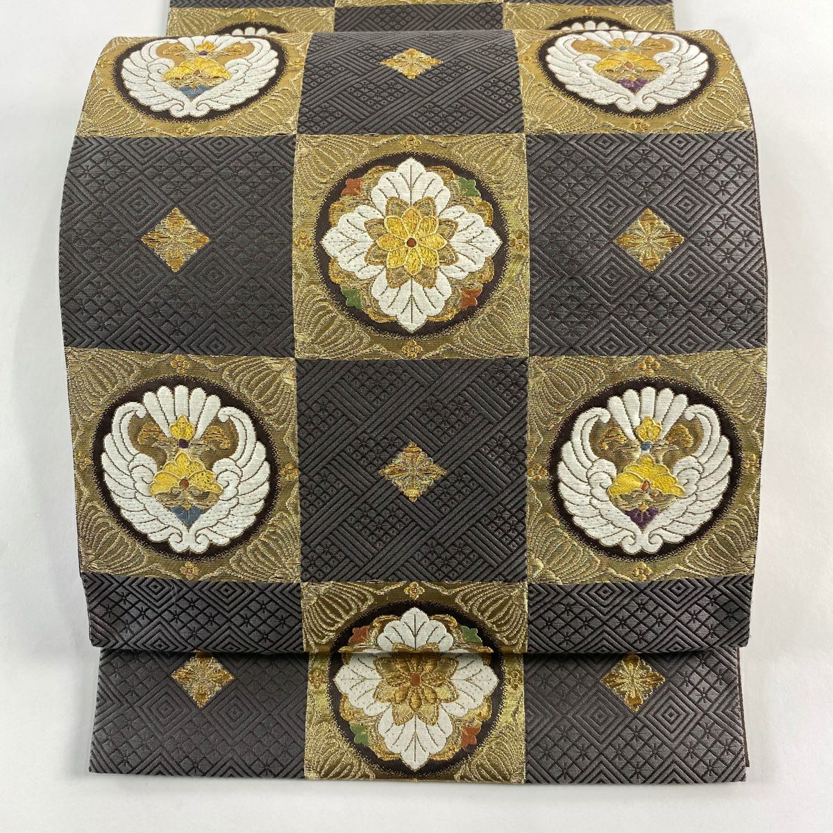 【美品】 袋帶 名品級 華紋 市松樹 金銀線 金金箔 灰色 六通 純蠶絲