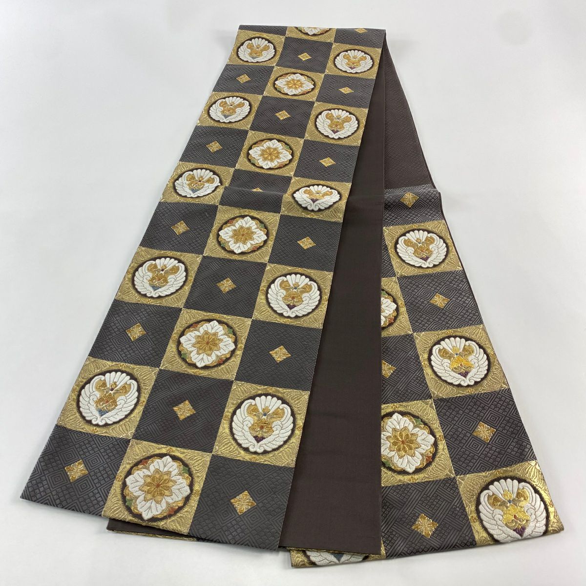 【美品】 袋帶 名品級 華紋 市松樹 金銀線 金金箔 灰色 六通 純蠶絲
