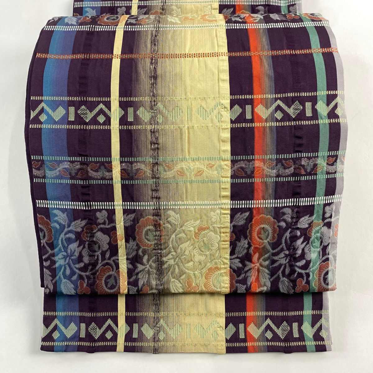 【美品】 袋帶 名品級 草花紋紋 縞 紫 六通 純蠶絲