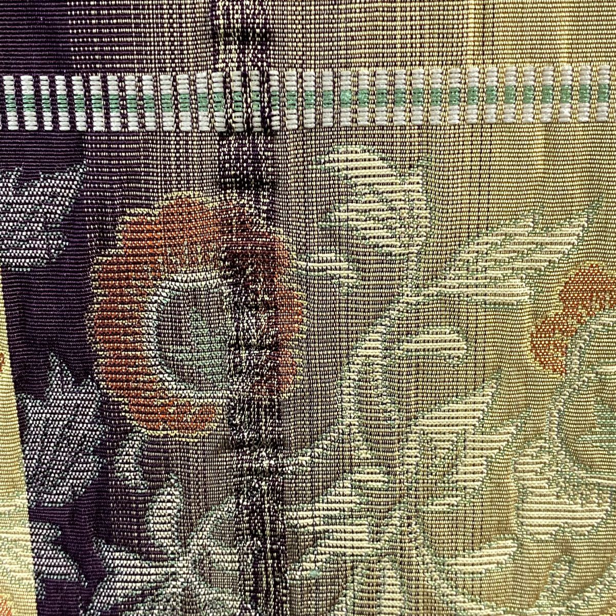 【美品】 袋帶 名品級 草花紋紋 縞 紫 六通 純蠶絲