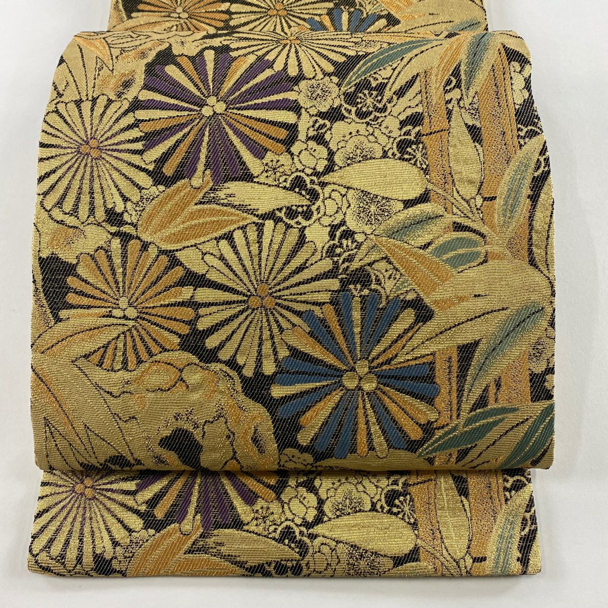 【美品】 袋帶 名品級 落款あり 松樹竹子梅花 金糸 金色 六通 純蠶絲