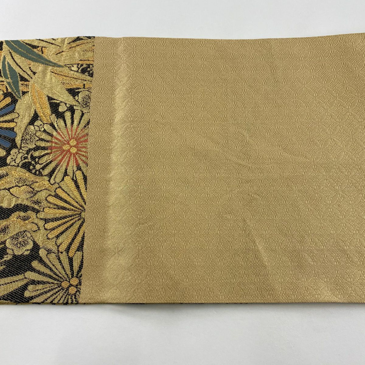【美品】 袋帶 名品級 落款あり 松樹竹子梅花 金糸 金色 六通 純蠶絲