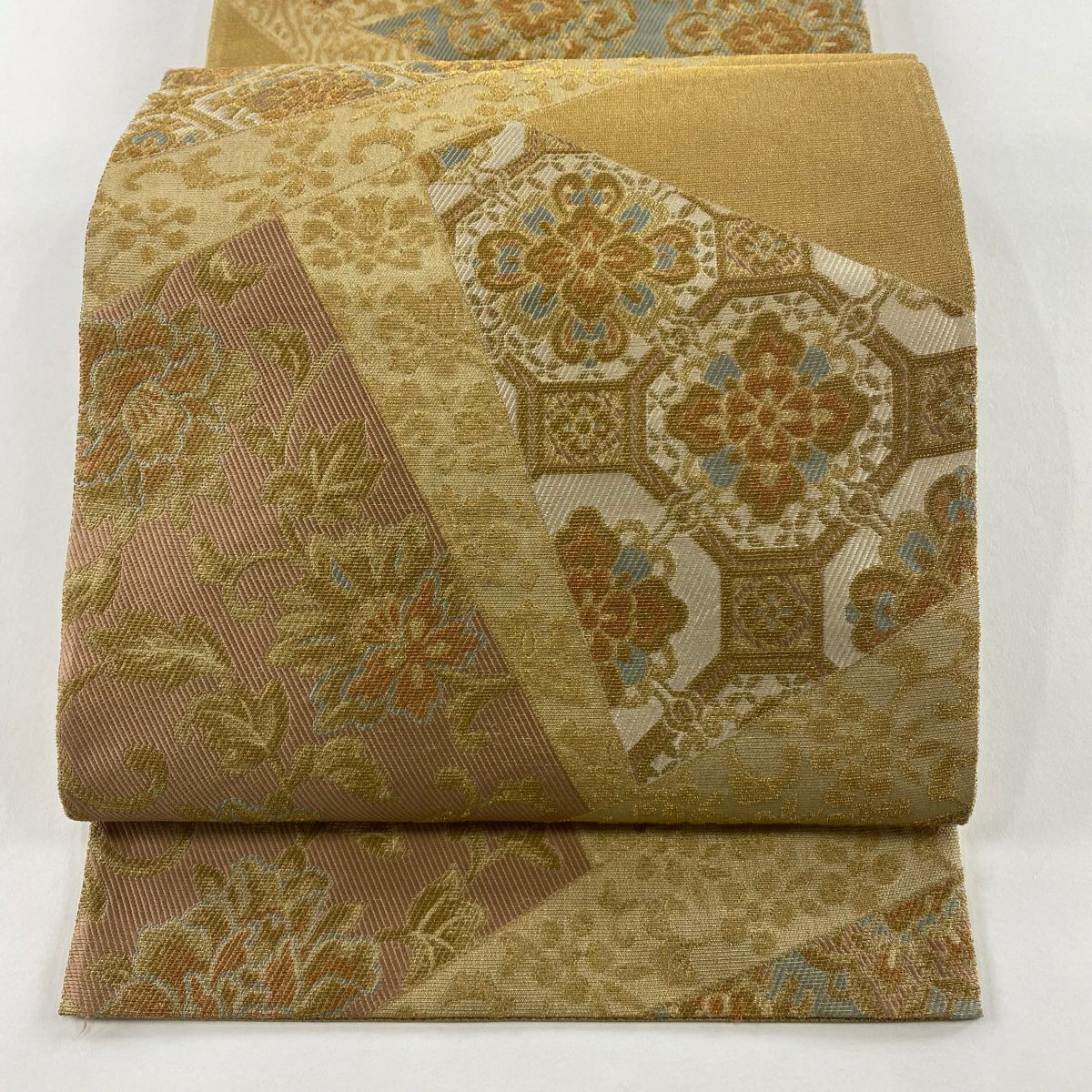 袋帶 名品級 蜀江華紋 裂取 輪奈織 金絲 薄茶 六通 純蠶絲