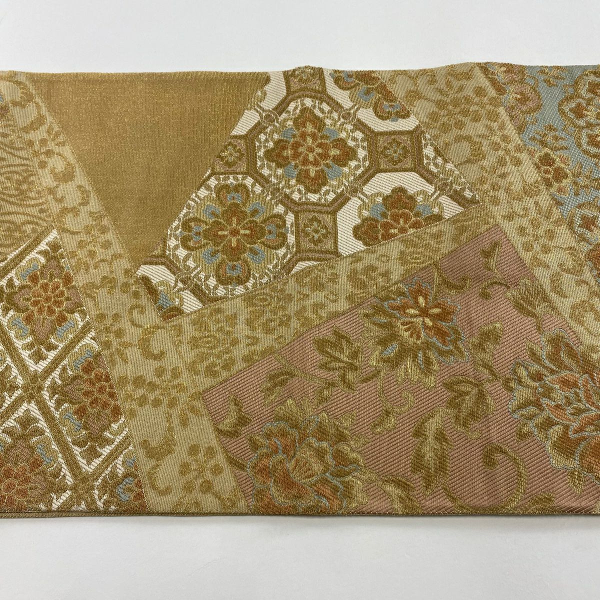 袋帶 名品級 蜀江華紋 裂取 輪奈織 金絲 薄茶 六通 純蠶絲