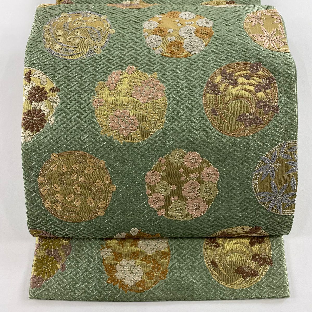 【美品】 袋帶 名品級 花丸紋 刺繡 金金箔 蓬色 六通 純蠶絲
