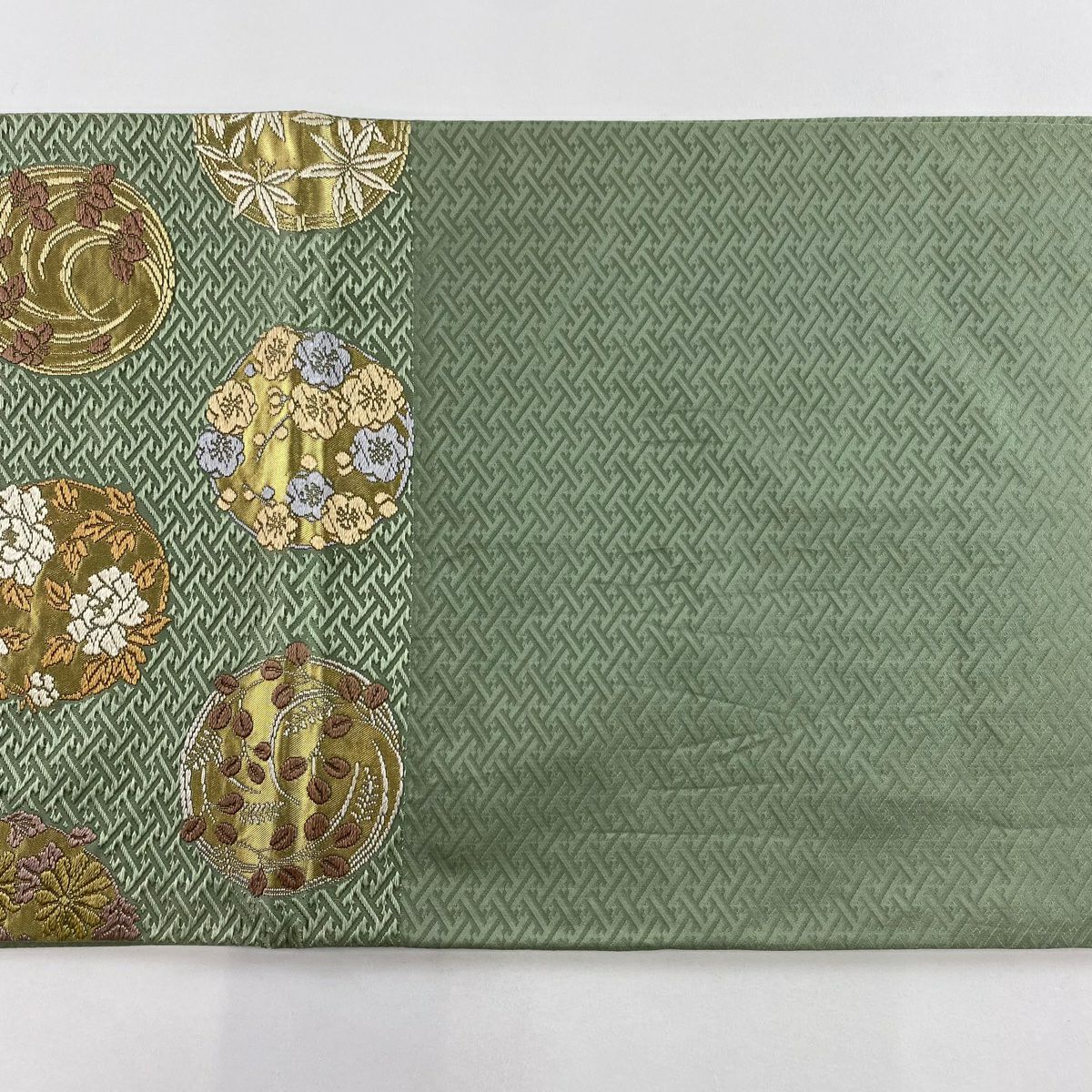 【美品】 袋帶 名品級 花丸紋 刺繡 金金箔 蓬色 六通 純蠶絲