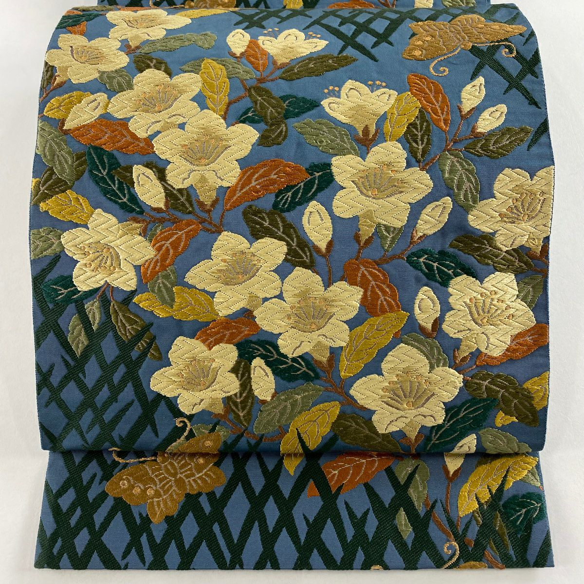 袋帶 名品級 草花紋 蝶 刺繡 金絲 青灰 六通 純蠶絲