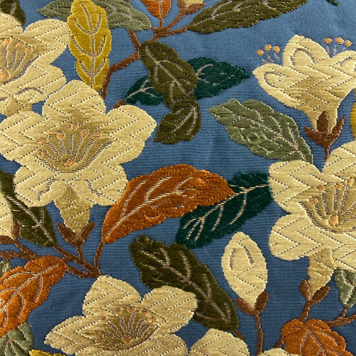 袋帶 名品級 草花紋 蝶 刺繡 金絲 青灰 六通 純蠶絲