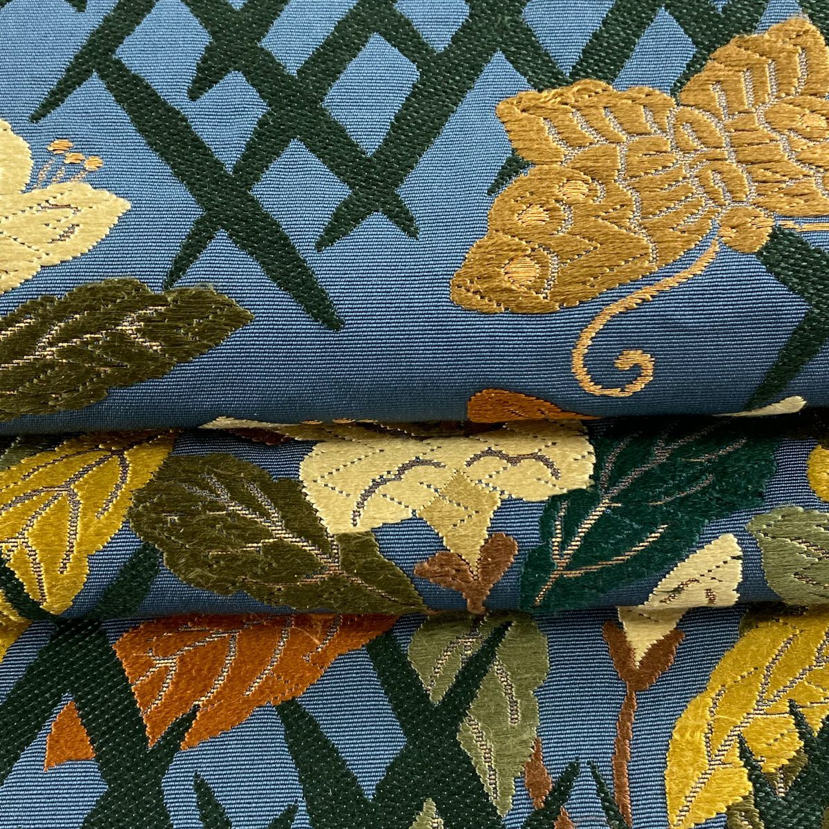 袋帶 名品級 草花紋 蝶 刺繡 金絲 青灰 六通 純蠶絲
