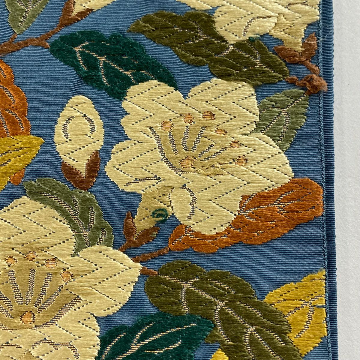 袋帶 名品級 草花紋 蝶 刺繡 金絲 青灰 六通 純蠶絲