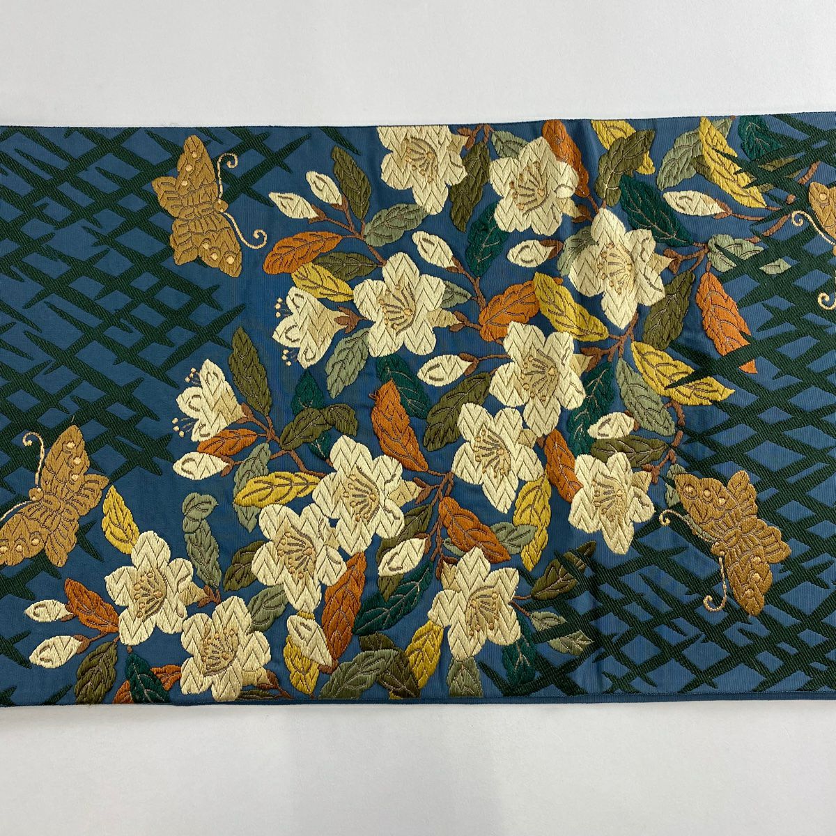 袋帶 名品級 草花紋 蝶 刺繡 金絲 青灰 六通 純蠶絲