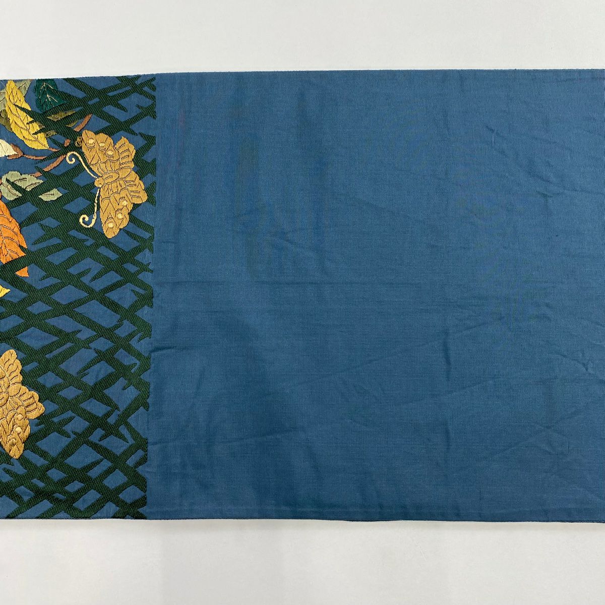 袋帶 名品級 草花紋 蝶 刺繡 金絲 青灰 六通 純蠶絲