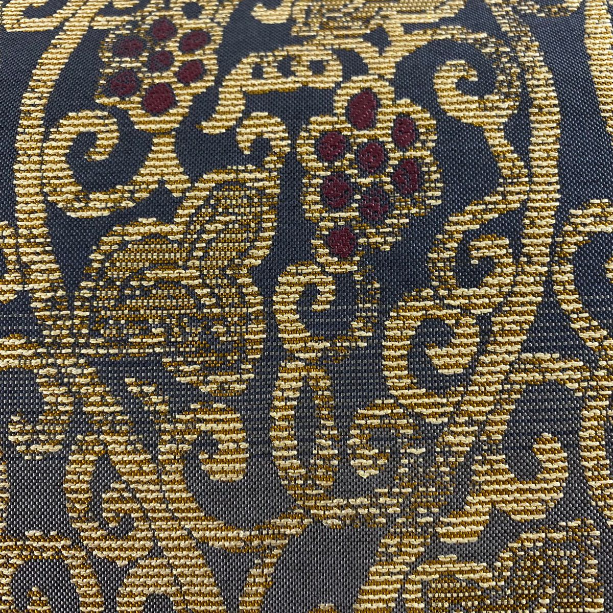 【美品】 袋帶 名品級 葡萄唐草紋 金糸 灰色 六通 純蠶絲