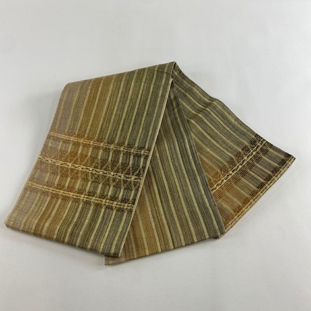 【美品】 袋帶 名品級 條紋 幾何圖案 金絲 金色 大鼓圖案 純蠶絲