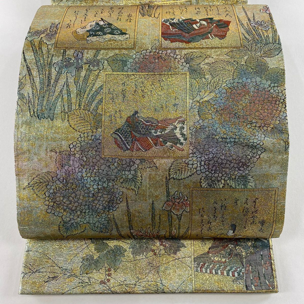 【美品】 袋帶 名品級 人物 紫陽花 金糸 金金箔 淺綠 お太鼓圖案 純蠶絲