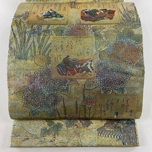 【美品】 袋帶 名品級 人物 紫陽花 金糸 金金箔 淺綠 お太鼓圖案 純蠶絲