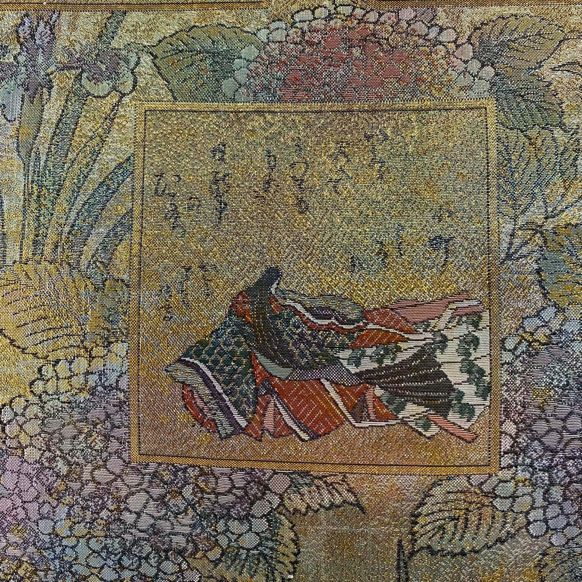 【美品】 袋帶 名品級 人物 紫陽花 金糸 金金箔 淺綠 お太鼓圖案 純蠶絲