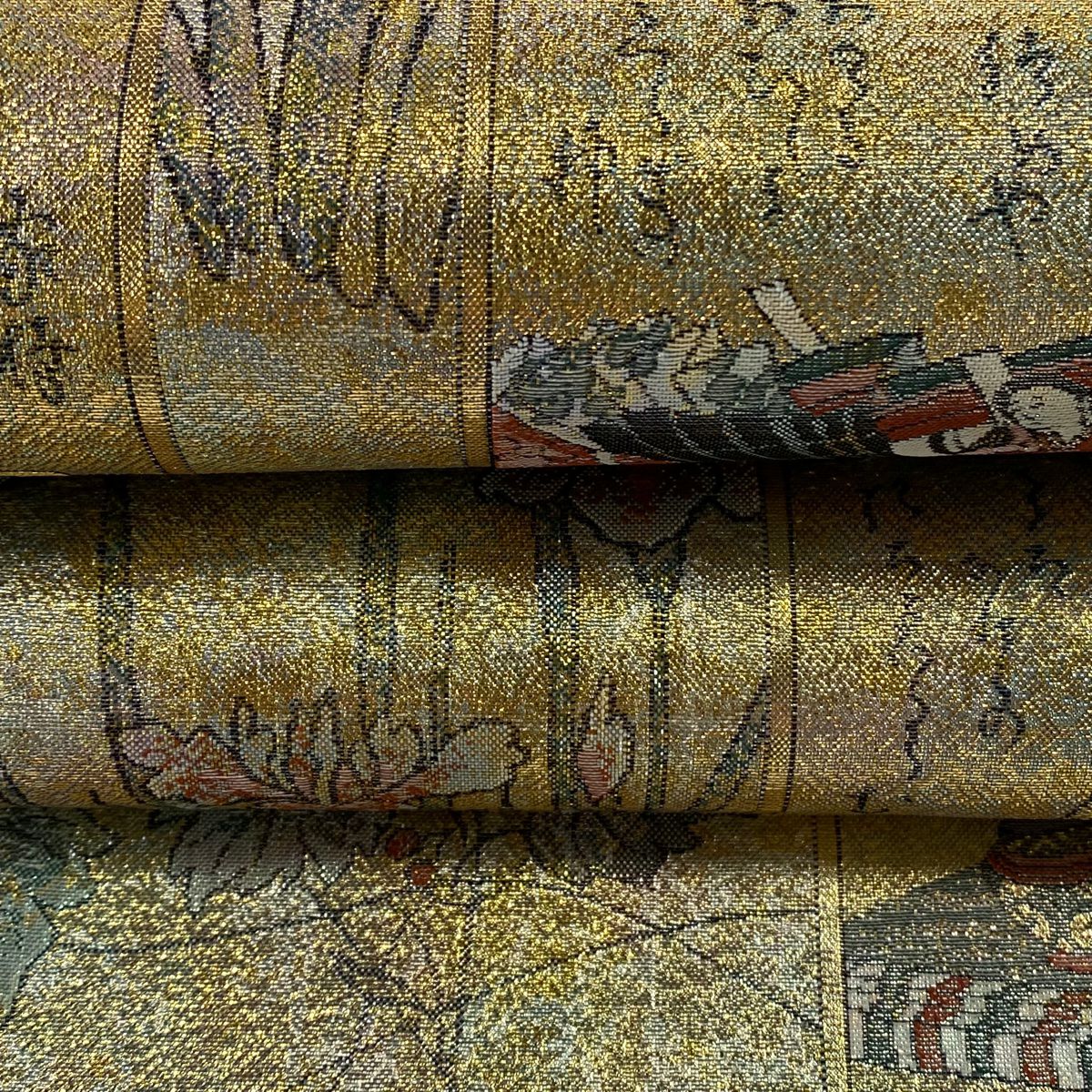 【美品】 袋帶 名品級 人物 紫陽花 金糸 金金箔 淺綠 お太鼓圖案 純蠶絲