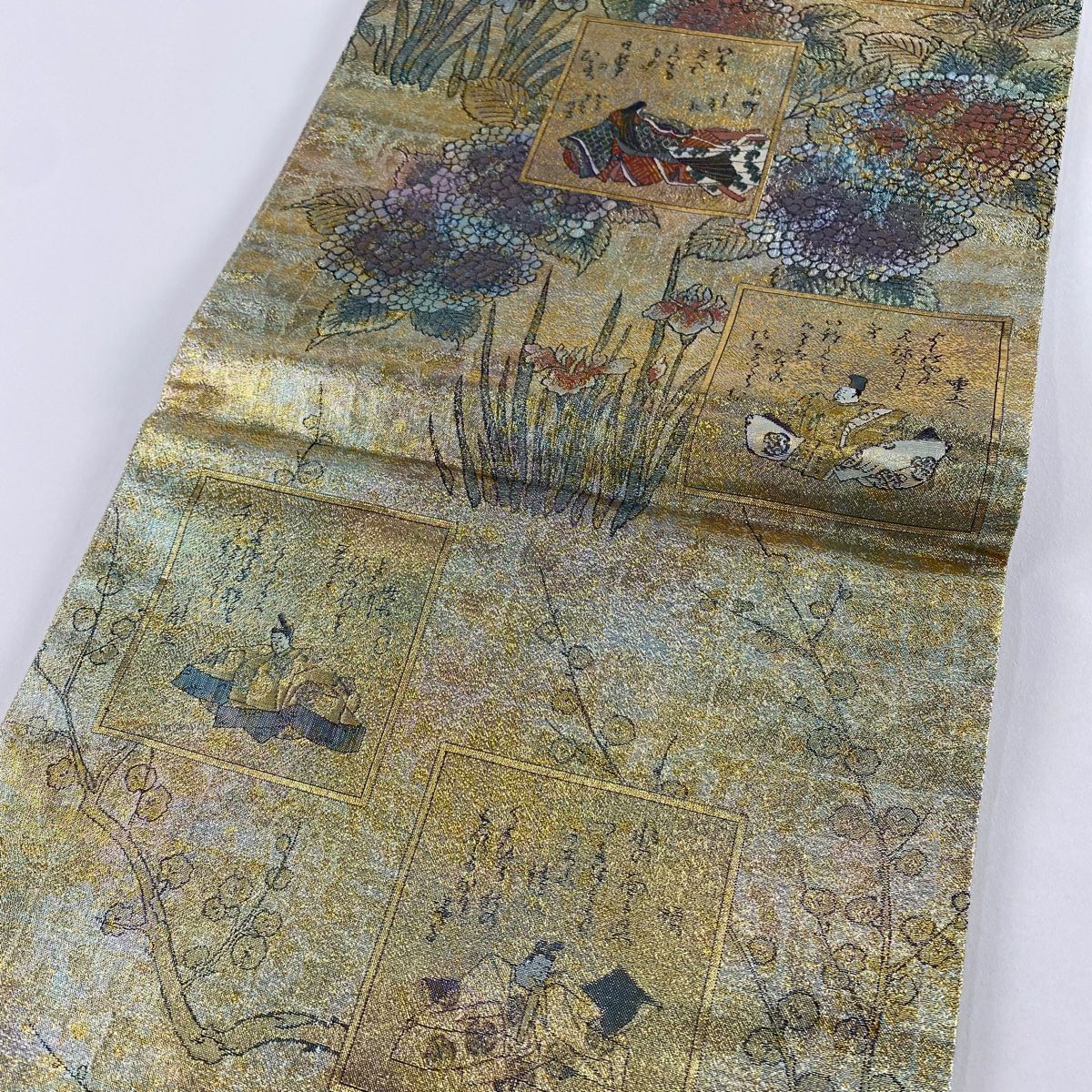 【美品】 袋帶 名品級 人物 紫陽花 金糸 金金箔 淺綠 お太鼓圖案 純蠶絲
