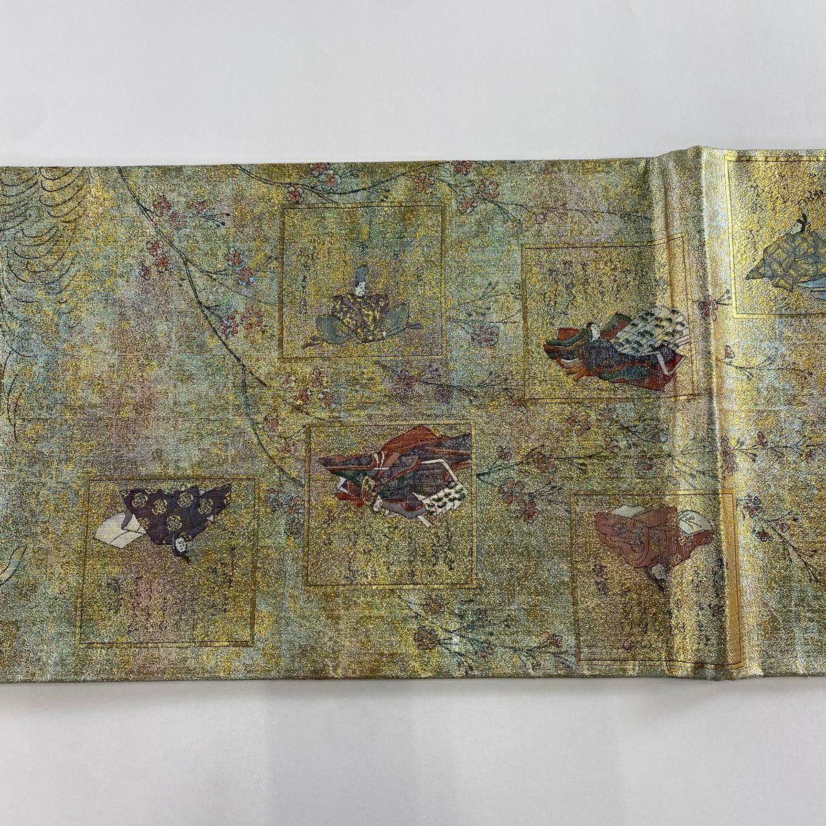 【美品】 袋帶 名品級 人物 紫陽花 金糸 金金箔 淺綠 お太鼓圖案 純蠶絲