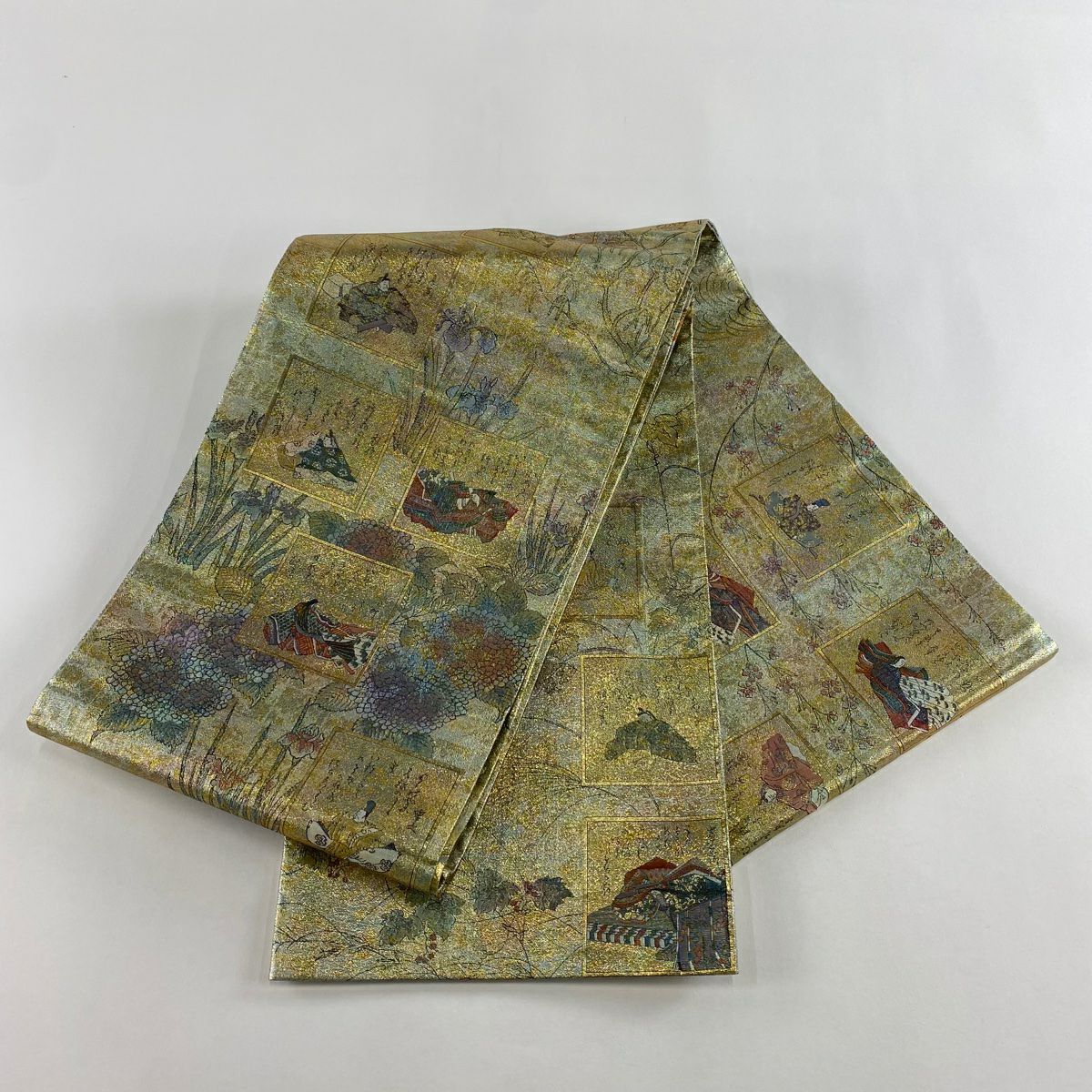 【美品】 袋帶 名品級 人物 紫陽花 金糸 金金箔 淺綠 お太鼓圖案 純蠶絲