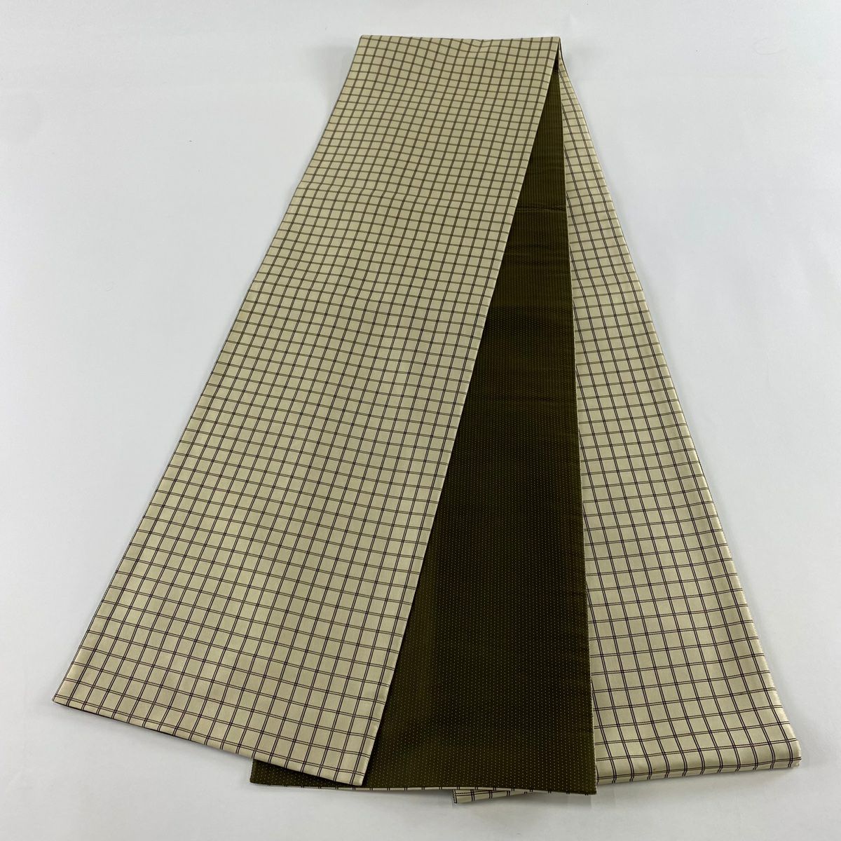 【美品】 袋帶 名品級 格子 米色 全通 純蠶絲