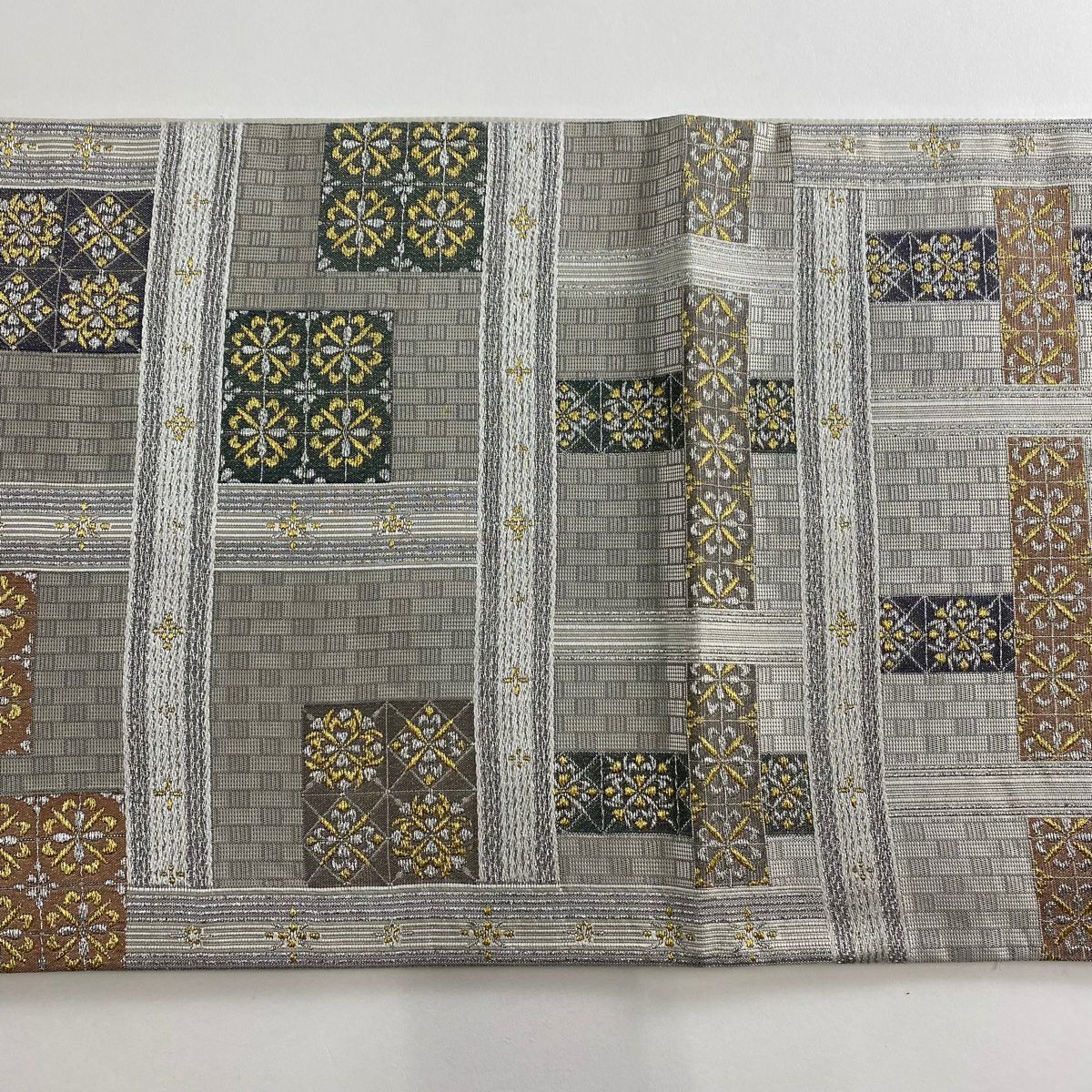 【美品】 袋帶 名品級 華紋 縞 金銀彩 金金箔 灰 深藍 純蠶絲