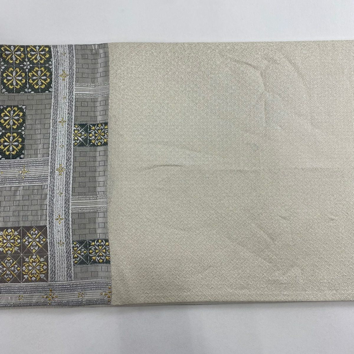 【美品】 袋帶 名品級 華紋 縞 金銀彩 金金箔 灰 深藍 純蠶絲