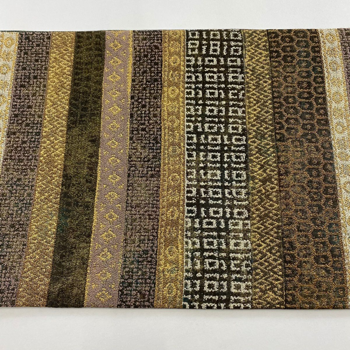 【美品】 袋帶 名品級 縞 龜甲 金金箔 灰茶 六通 純蠶絲