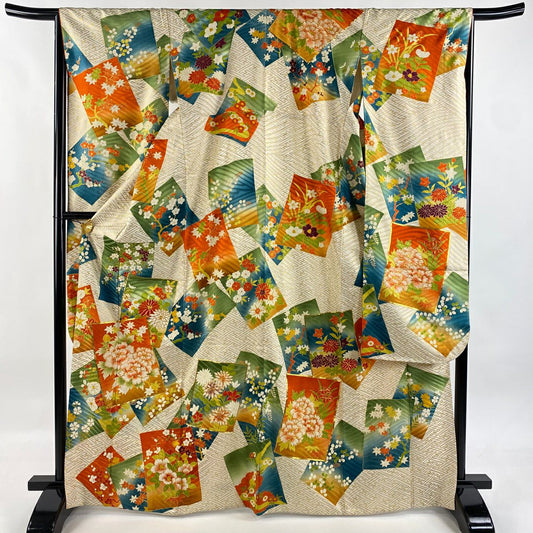 振袖禮服 身長167cm 袖長65cm M 雙層 色紙 草花紋紋 刺繡 金線 奶油色 純蠶絲 名品級