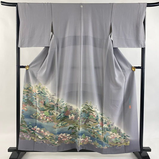 色留袖禮服 身長158cm 袖長65.5cm M 雙層 落款あり 風景 松樹竹子梅花 染分 ぼかし 灰紫 純蠶絲 名品級 一つ紋