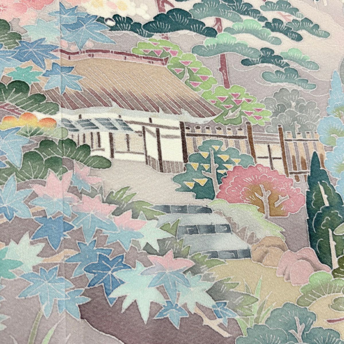 色留袖禮服 身長158cm 袖長65.5cm M 雙層 落款あり 風景 松樹竹子梅花 染分 ぼかし 灰紫 純蠶絲 名品級 一つ紋