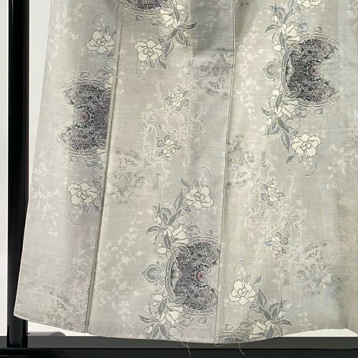 紬織 身長155cm 袖長62.5cm S 雙層 鏡裏文 草花紋紋 灰色 純蠶絲 名品級