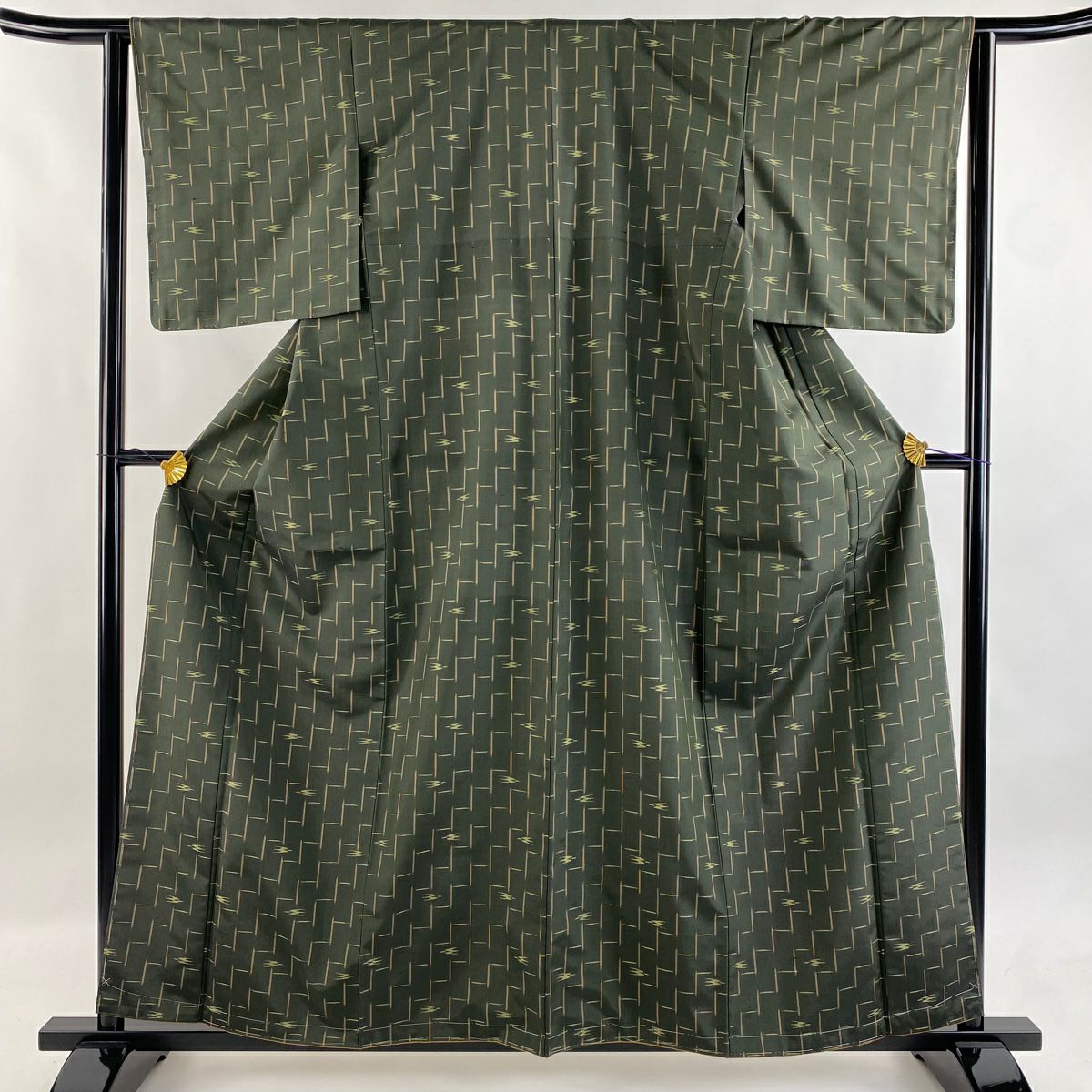 【美品】 紬織 身長160.5cm 袖長63cm S 雙層 燕 幾何學圖案 深綠 純蠶絲 名品級