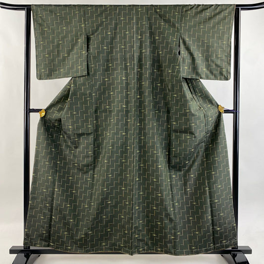 【美品】 紬織 身長160.5cm 袖長63cm S 雙層 燕 幾何學圖案 深綠 純蠶絲 名品級