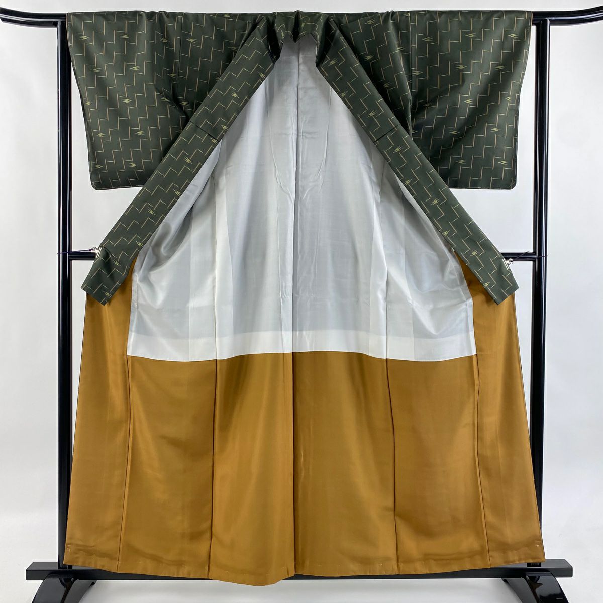 【美品】 紬織 身長160.5cm 袖長63cm S 雙層 燕 幾何學圖案 深綠 純蠶絲 名品級