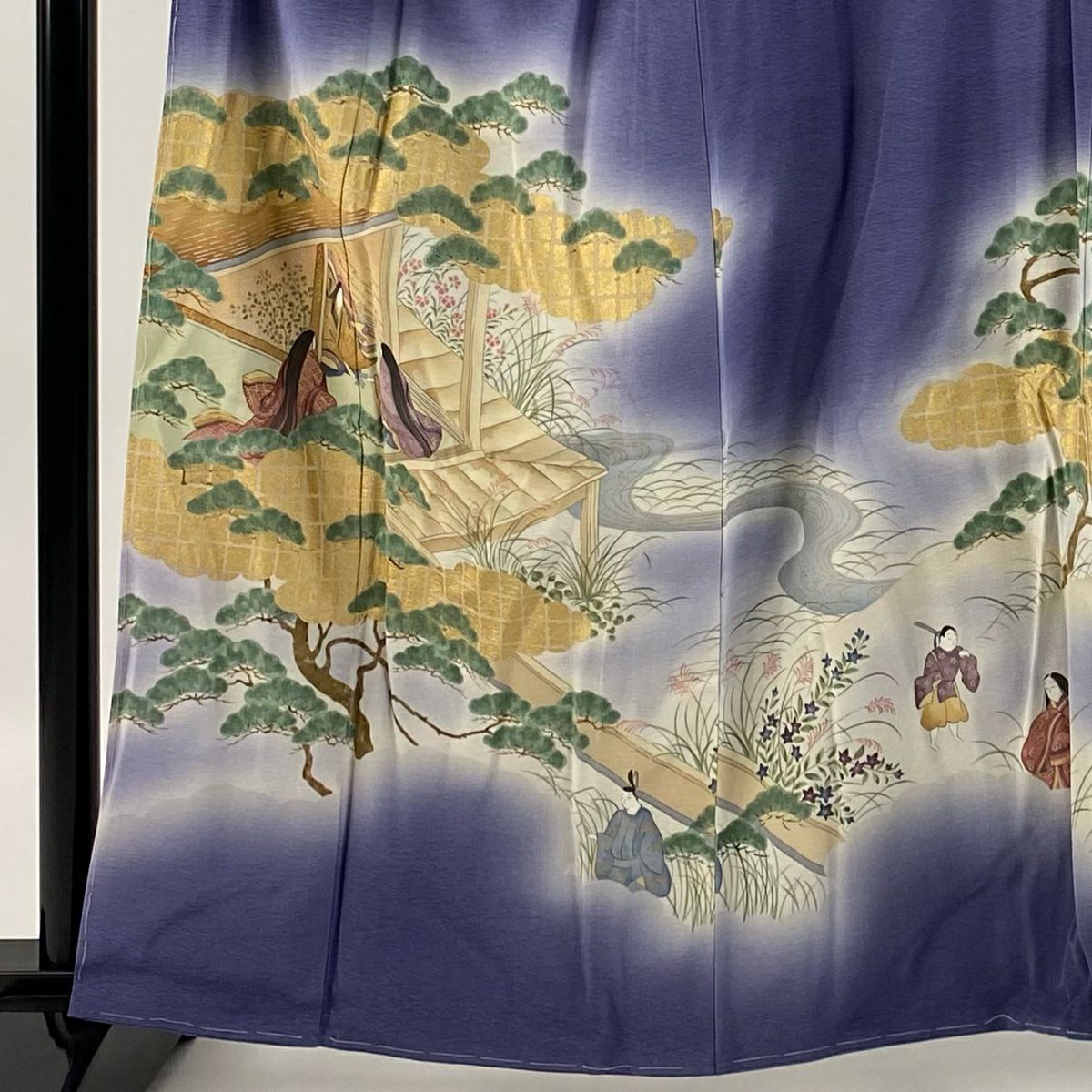 振袖禮服 身長161.5cm 袖長68cm L 雙層 樽本伊勢蔵 やまと 有落款 御所風景 金銀彩 漸層 青紫 純蠶絲 名品級