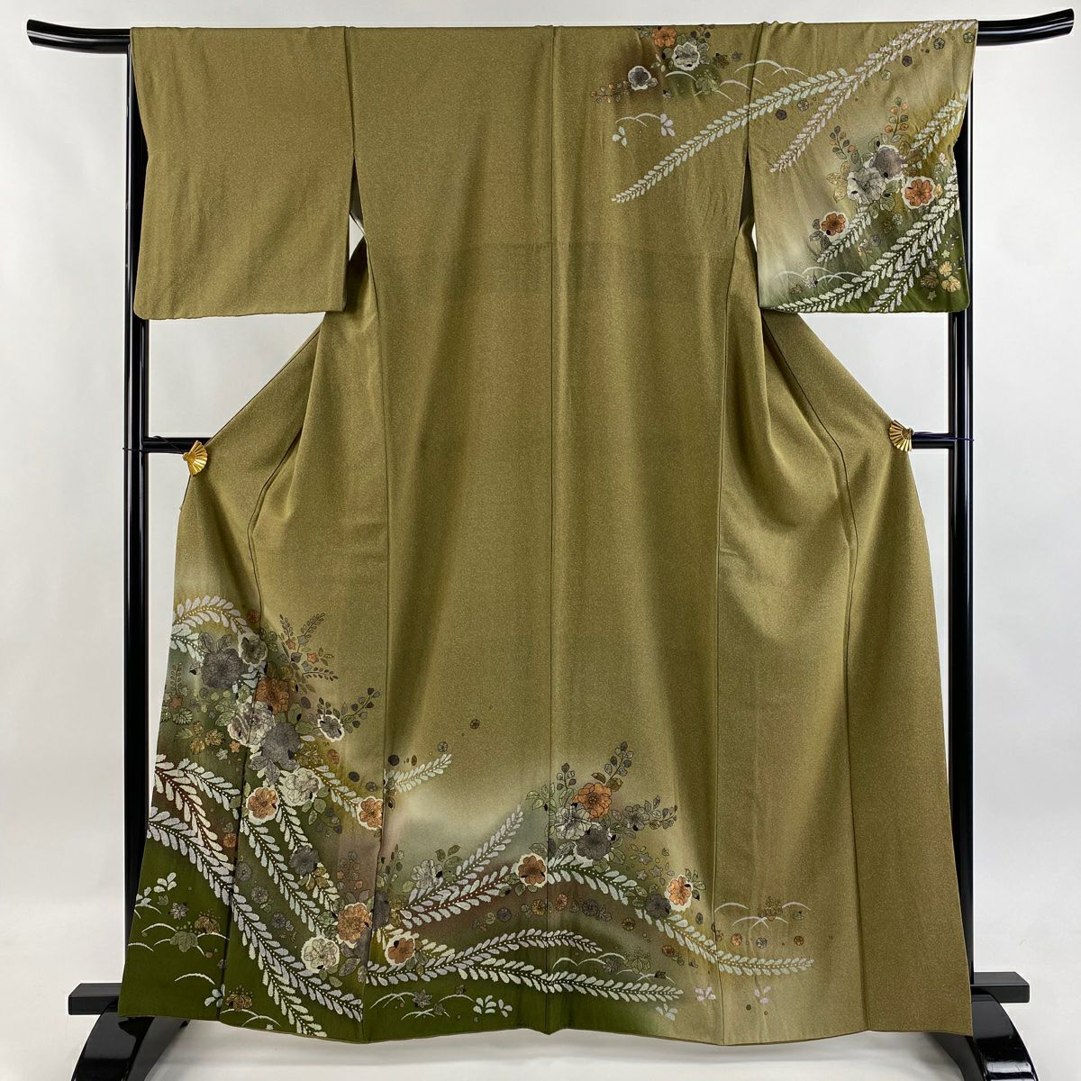 訪問服 身長164cm 袖長67.5cm L 雙層 辻花染圖案 絞染 金銀彩 茶綠 純蠶絲 名品級